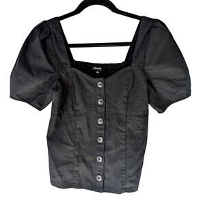 Madewell Black Puff Sleeve Button Front 00 Smocked‎ Square Neck Cotton Elegant